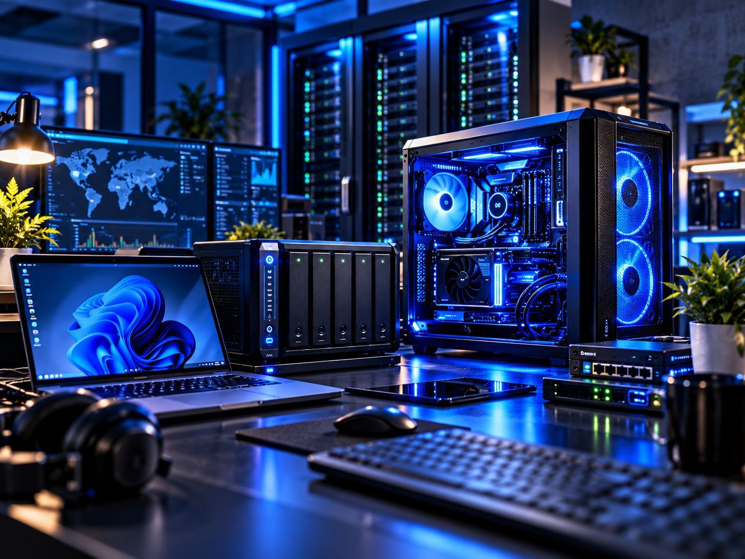 Professional IT environment with workstation, server rack and laptop